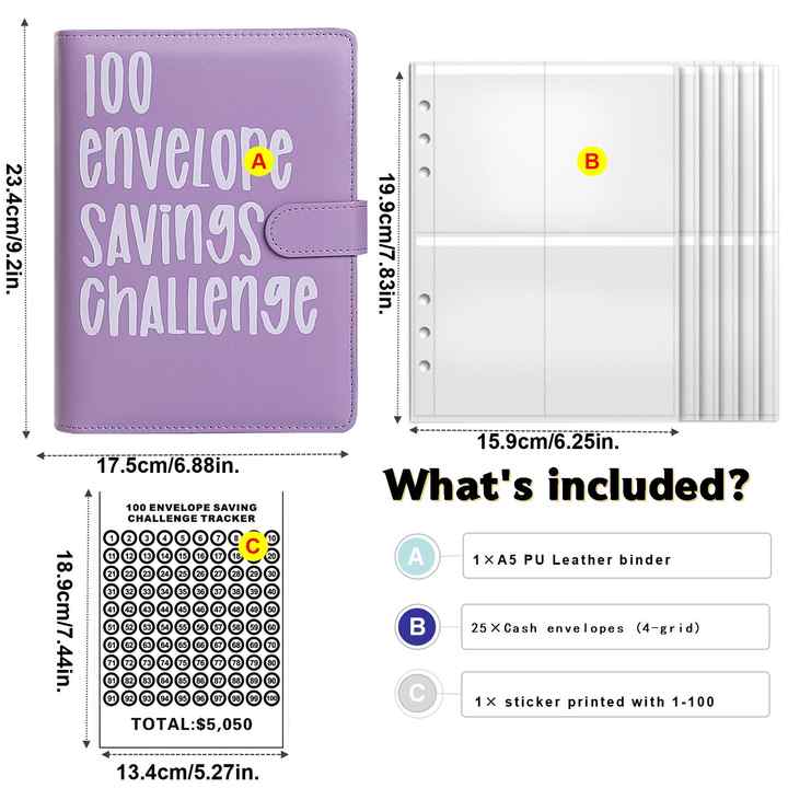 Yellow 100-Day Savings Challenge Cash Binder with Tracker and Refillable Notebook