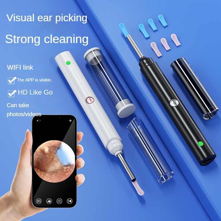 Black Smart Visual Ear Cleaner with 7 Silicone Tips and Type-C Charging Cable