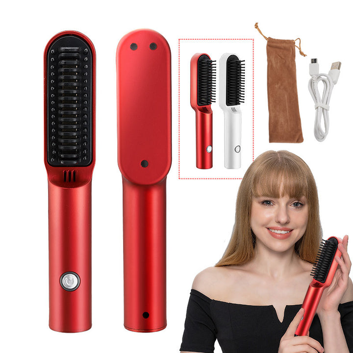 Red Wireless 2-in-1 Ceramic Hair Straightener & Curler - Portable Travel Hot Comb, Rechargeable Hair Styling Tool