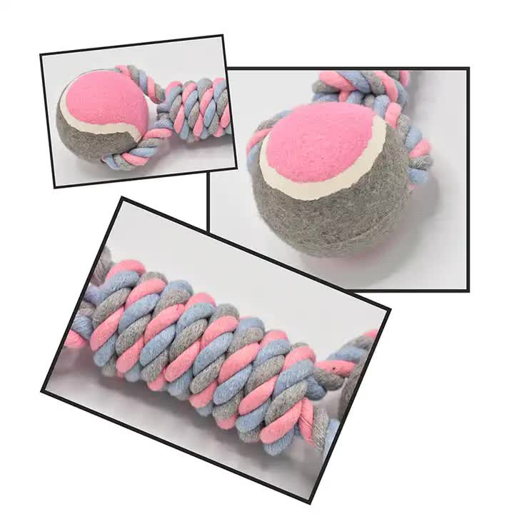 2 PCS Pink Durable Cotton Rope and Tennis Ball Dog Toy Set – Chew Resistant Tug Toys with Rope Dumbbell – Perfect for Dogs of All Sizes