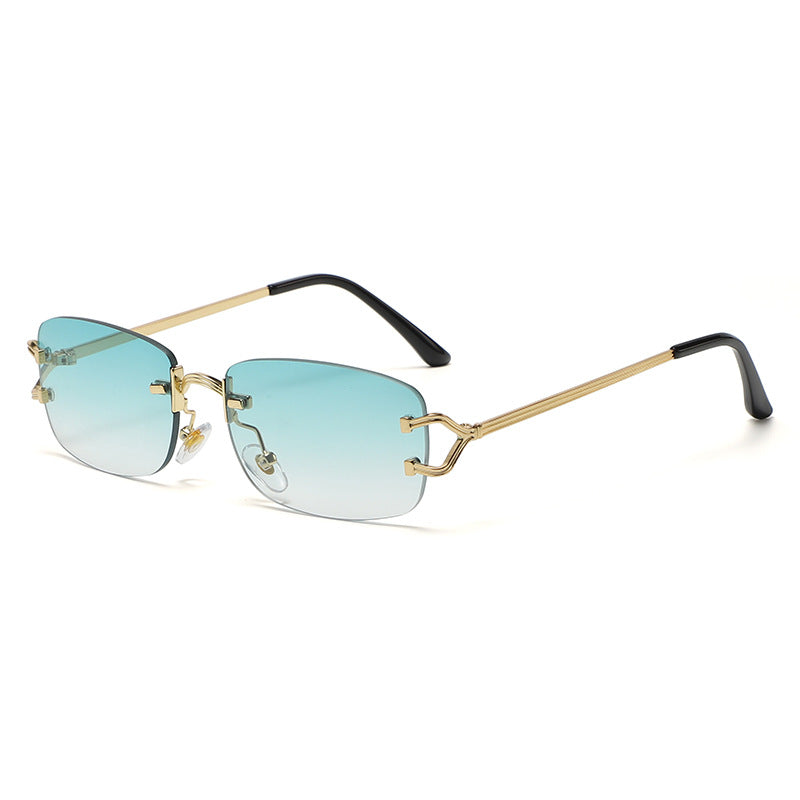 Light Green Stylish Frameless Diamond-Cut Sunglasses with Metallic Temples - Trendy Line-Design Fashion Eyewear