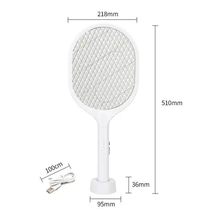 White Rechargeable Electric Mosquito Racket - 2-in-1 Mosquito Killer with Lithium Battery, Fly Swatter & Mosquito Zapper for Home Use