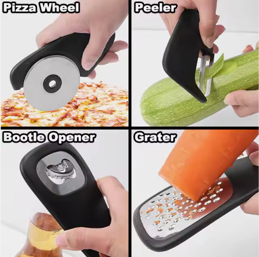 Stackable Kitchen Tool Set - Multi-Function Grater, Herb Cutter, Garlic Press, Can Opener, Cheese Grater, Pizza Cutter & Spice Set