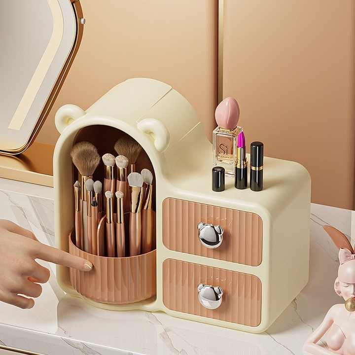 Brown Rotating Desktop Cosmetic Organizer – High-End Dustproof Wall-Mounted Storage Box with Drawer for Vanity, Makeup and Toiletries