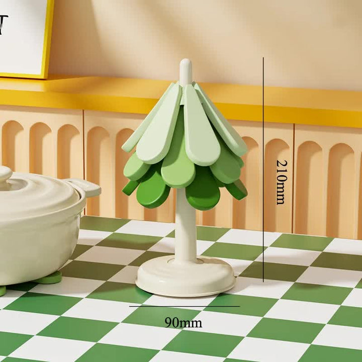 Round Base Green High temperature resistant table mat household teacup mat anti-scalding mat foldable insulation mat pot mat, insulation mat shelf Christmas tree shape