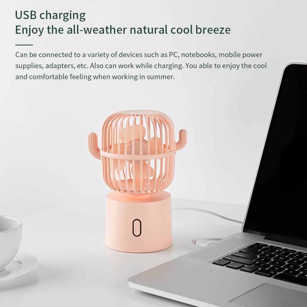 Pink Cactus-Shaped USB Rechargeable Fan - Creative Desktop Fan for Home & Office with Adjustable Head for Cooling on the Go