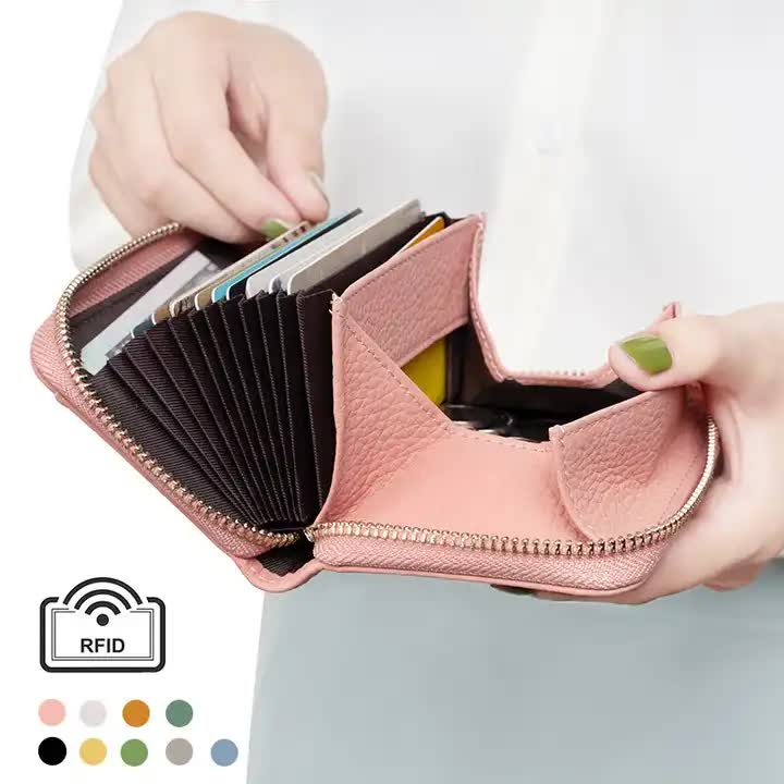 Pink Genuine Leather Women’s Wallet – Short Accordion Card Holder with RFID Protection, Zippered Coin Purse in Cowhide Leather, Japanese Style