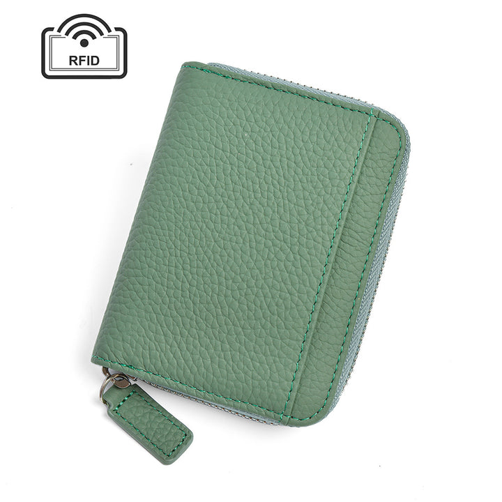 Green Genuine Leather Women’s Wallet – Short Accordion Card Holder with RFID Protection, Zippered Coin Purse in Cowhide Leather, Japanese Style