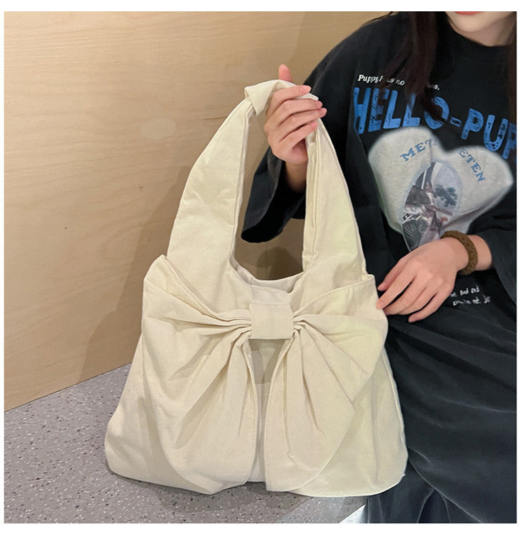 White Women's Bowknot Shoulder Bag - New Sweet Style, Large Capacity Canvas Tote Bag, Commuter Single Shoulder Handbag