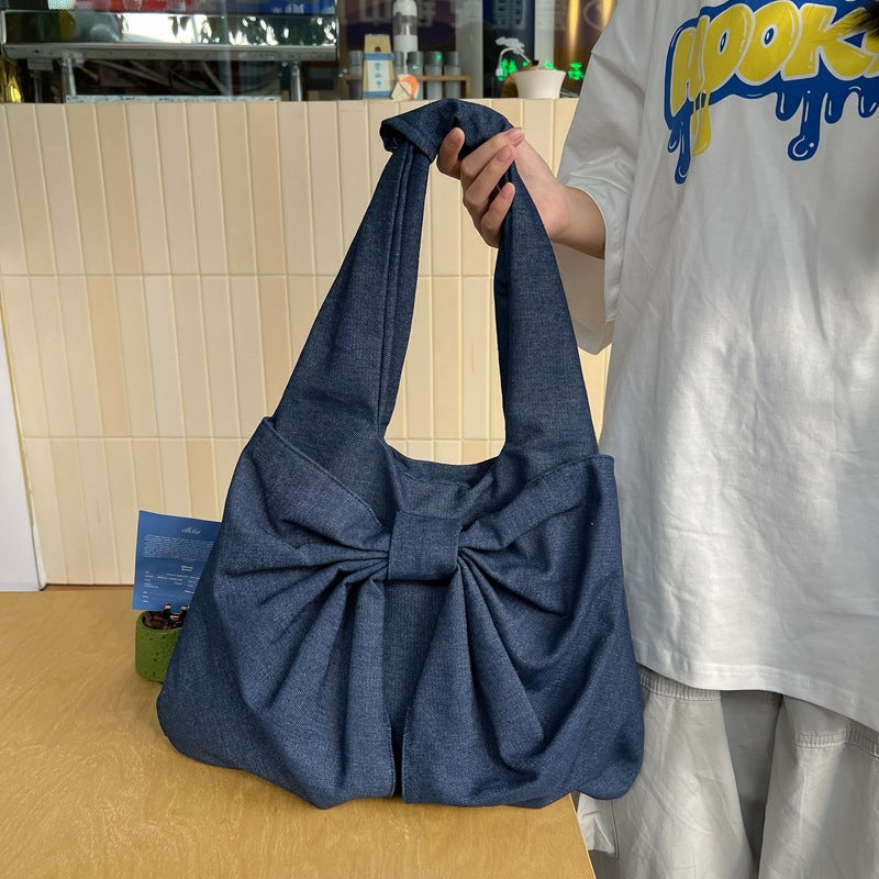 Blue Women's Bowknot Shoulder Bag - New Sweet Style, Large Capacity Canvas Tote Bag, Commuter Single Shoulder Handbag