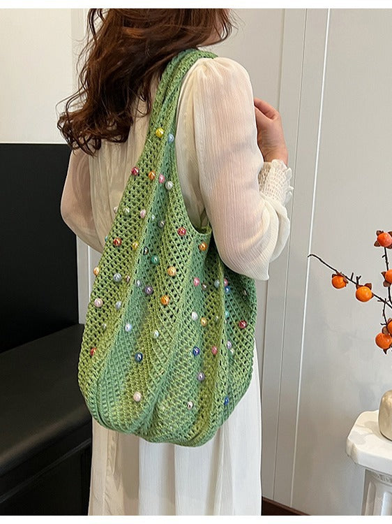 Green Summer Woven Handbag - Hollow Straw Beach Tote with Colorful Beads, Lazy Style, Large Capacity Shoulder Bag for Vacation