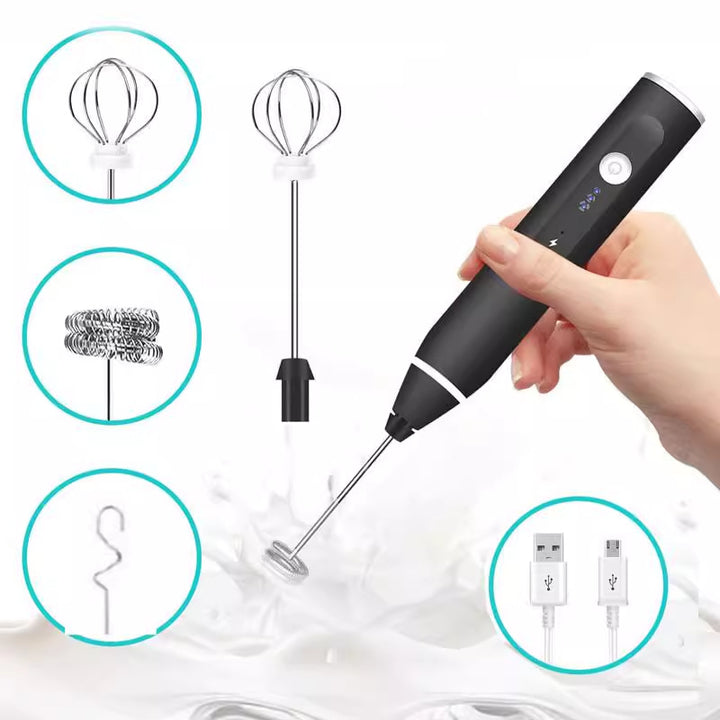 Black 304 Stainless Steel Handheld Electric Milk Frother, Egg Beater, Paint Mixer, and Milk Powder Whisk