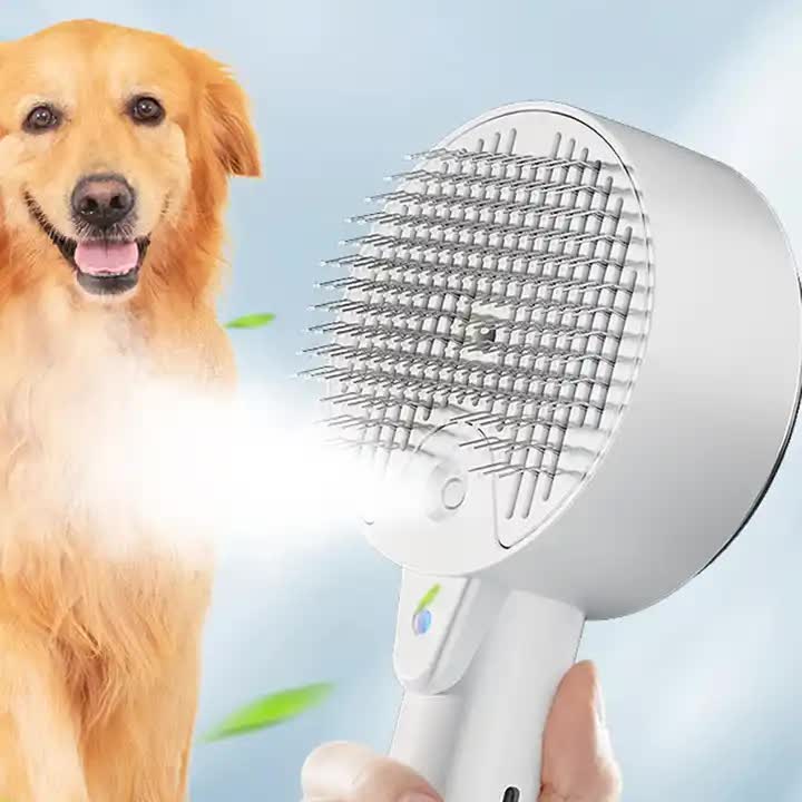 Pink Pet Grooming Spray and Massage Brush | One-Click Hair Removal Comb for Cats & Dogs | UV Sterilization for Mites Control