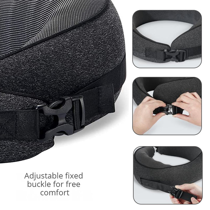 Black Buckle Tape Memory Foam U-Shaped Neck Pillow - Snail Travel Cushion for Airplane, Office Nap, and Travel - Adjustable with Magnetic Therapy Cloth