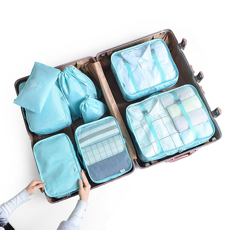 Light Blue 8-Piece Travel Organizer Set – Packing Bags for Clothes, Shoes, Underwear, and Toiletries with Drawstring and Zip Pouches