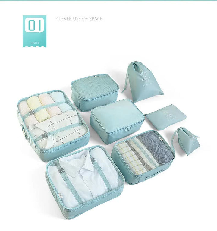 Light Blue 8-Piece Travel Organizer Set – Packing Bags for Clothes, Shoes, Underwear, and Toiletries with Drawstring and Zip Pouches