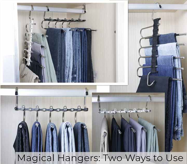 2 PCS Black Stainless Steel Foldable Pants Hanger – Multi-Layer Non-Slip Closet Organizer for Clothes and Trousers