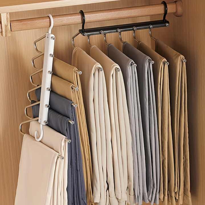 2 PCS Black Stainless Steel Foldable Pants Hanger – Multi-Layer Non-Slip Closet Organizer for Clothes and Trousers