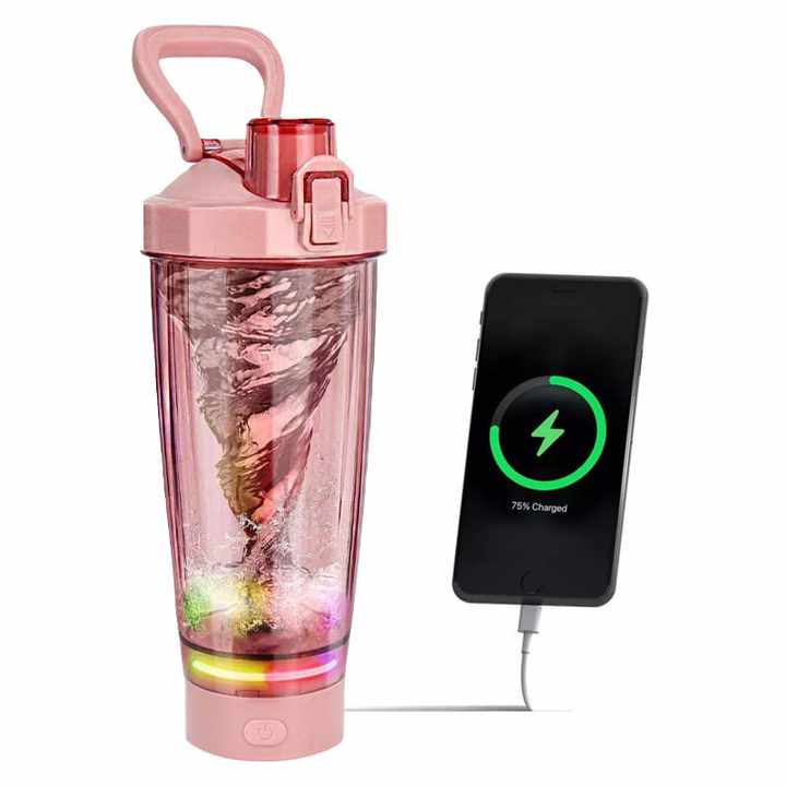 Pink Portable Electric Shaker Bottle with LED Light, 550ml Sports Protein Mixer Cup for Gym and Travel