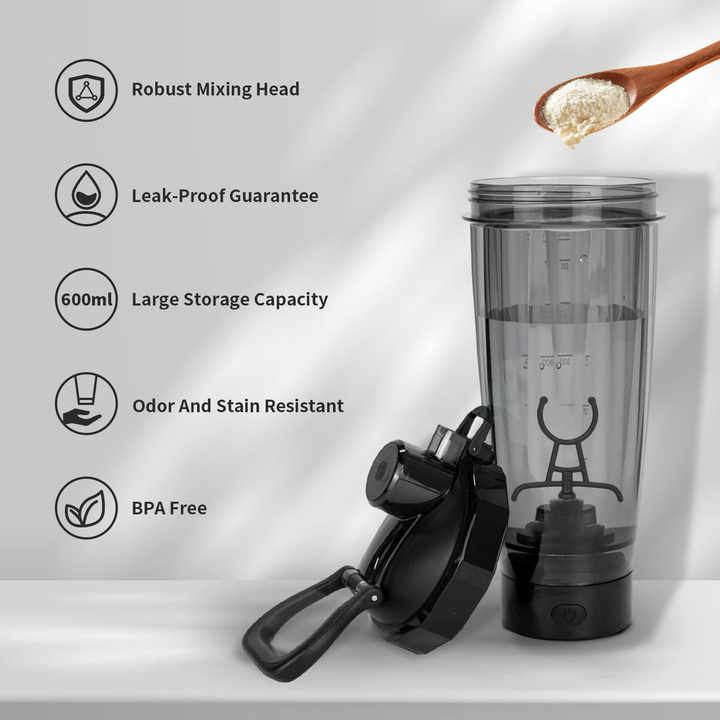 Black Portable Electric Shaker Bottle without LED Light, 550ml Sports Protein Mixer Cup for Gym and Travel