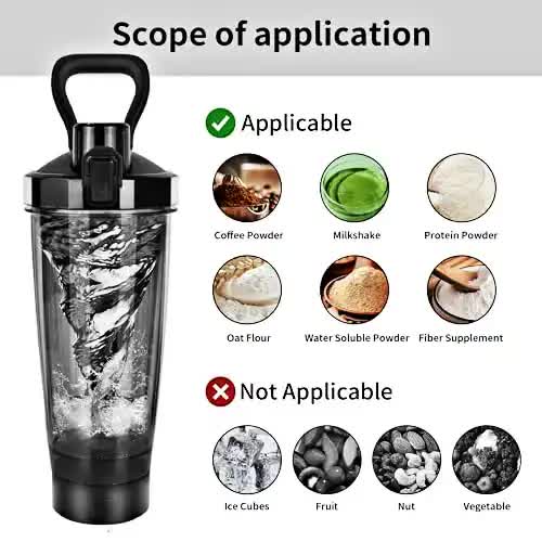 Black Portable Electric Shaker Bottle without LED Light, 550ml Sports Protein Mixer Cup for Gym and Travel