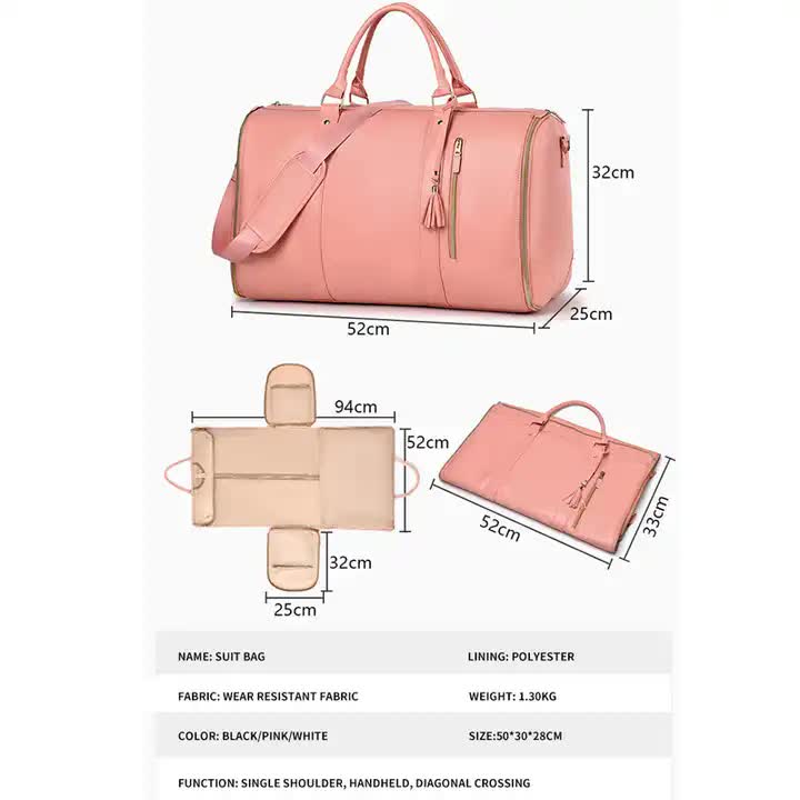 Pink  PU Leather Foldable Garment Bag, Women's Travel Duffel with Suit Carrier, Multi-Function Storage