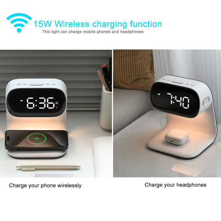 Smart Bedside Night Light with Alarm Clock & Wireless Charging, Multifunctional LED Desk Lamp