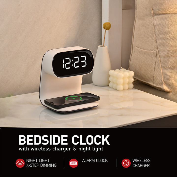 Smart Bedside Night Light with Alarm Clock & Wireless Charging, Multifunctional LED Desk Lamp