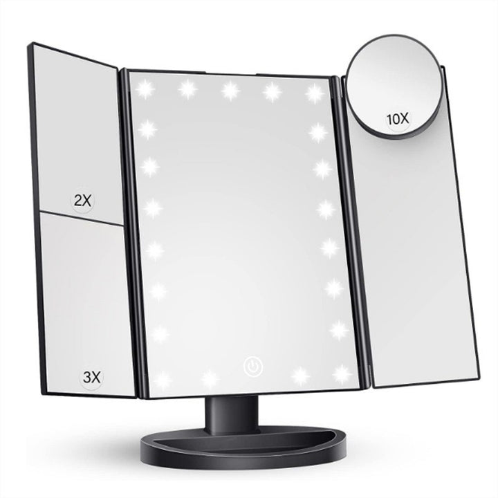 Pink Tri-Fold Lighted Makeup Mirror, 22 LED Vanity Mirror with 1X/2X/3X/10X Magnification, Portable Cosmetic Mirror