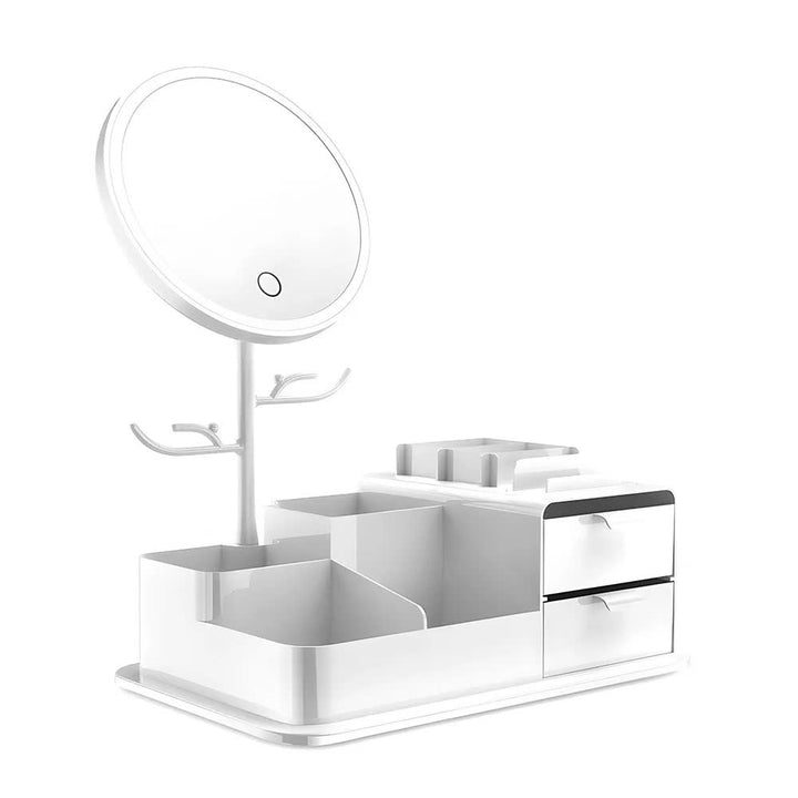 White LED Vanity Mirror with Storage, Rotating Makeup Mirror, USB Rechargeable Desktop Organizer