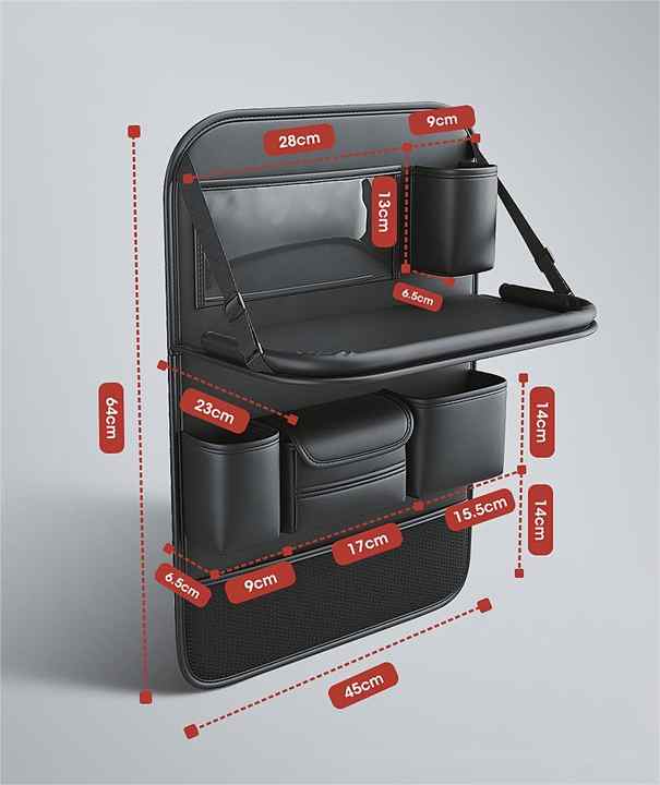 Grey Car Seat Back Organizer with Foldable Tray, Leather Backseat Storage Bag, Multi-Pocket Vehicle Organizer