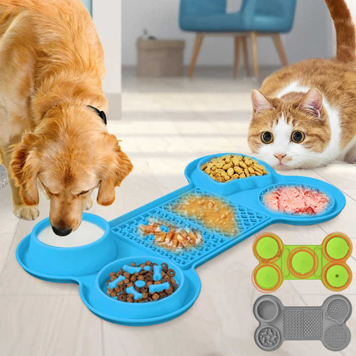 Blue Silicone Pet Licking Mat Slow Feeder Pad with Strong Suction and Foldable Design, Heat Resistant -40°C to 240°C, for Dogs and Cats