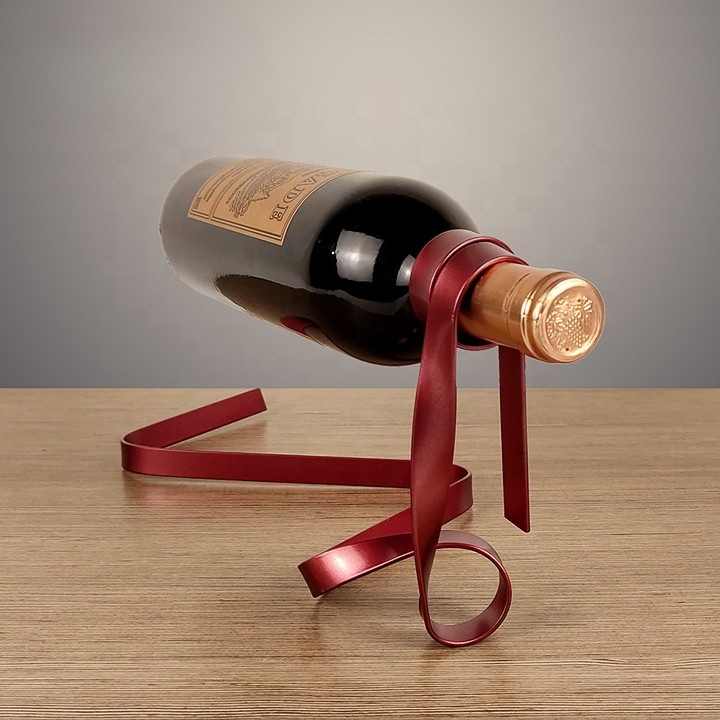 Red Modern Ribbon Wine Bottle Holder - Creative Floating Wine Rack for Home and Bar Décor