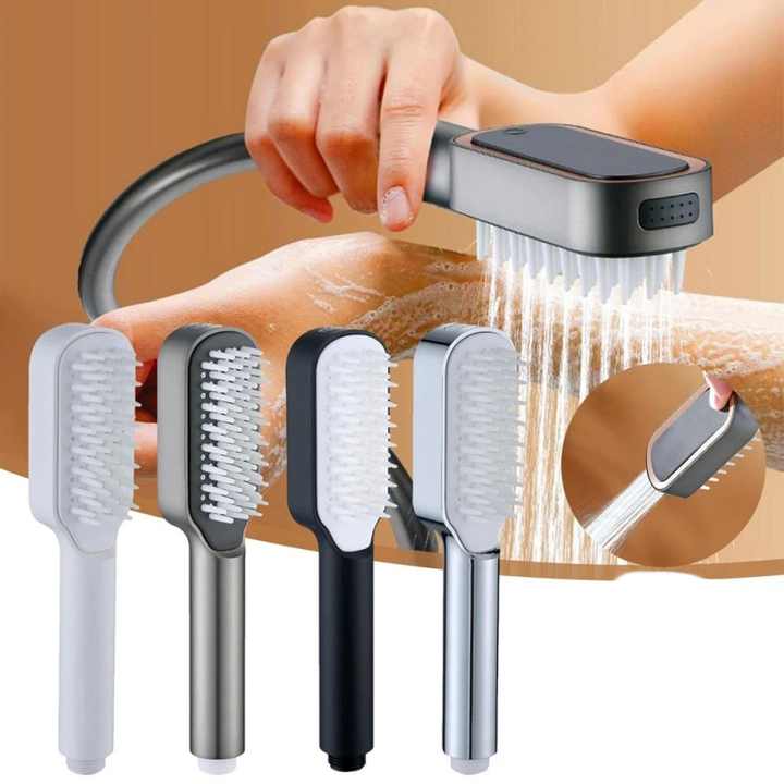 Silver Handheld Shower Head with Silicone Brush and Massage Function – High-Pressure Water Spray