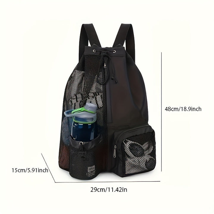 Grey Mesh Drawstring Swim Backpack with Wet Pocket - Lightweight Beach, Gym, Outdoor Sports Bag - 245g