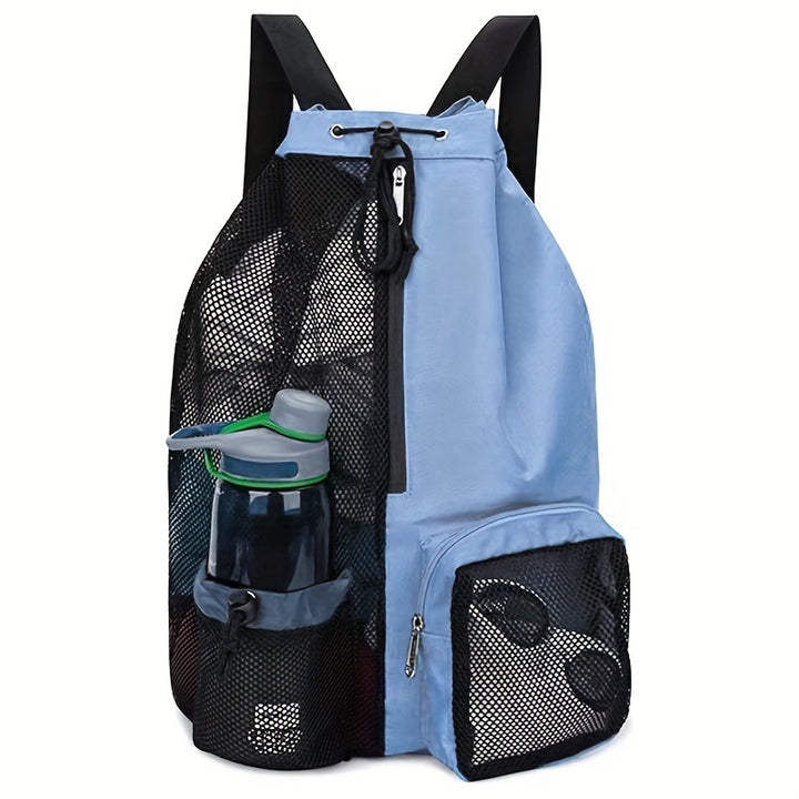 Blue Mesh Drawstring Swim Backpack with Wet Pocket - Lightweight Beach, Gym, Outdoor Sports Bag - 245g