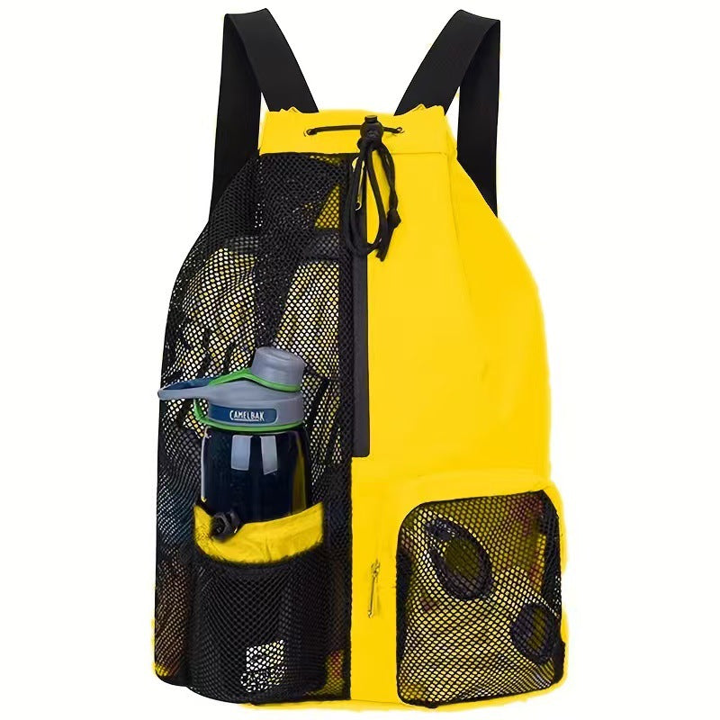 Yellow Mesh Drawstring Swim Backpack with Wet Pocket - Lightweight Beach, Gym, Outdoor Sports Bag - 245g