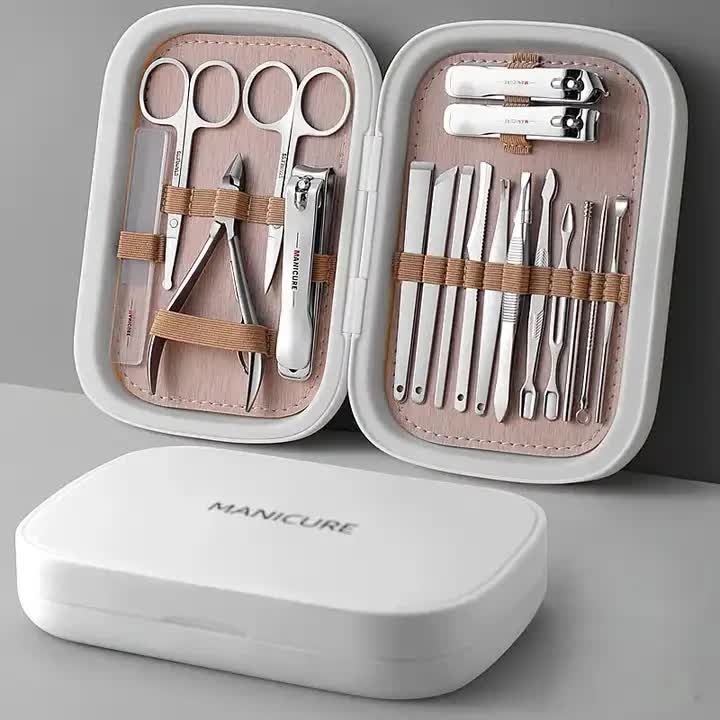 White 18-Piece Manicure and Pedicure Set - Stainless Steel Nail Clipper Kit | Professional Nail Care Grooming Tools | Compact Portable Case