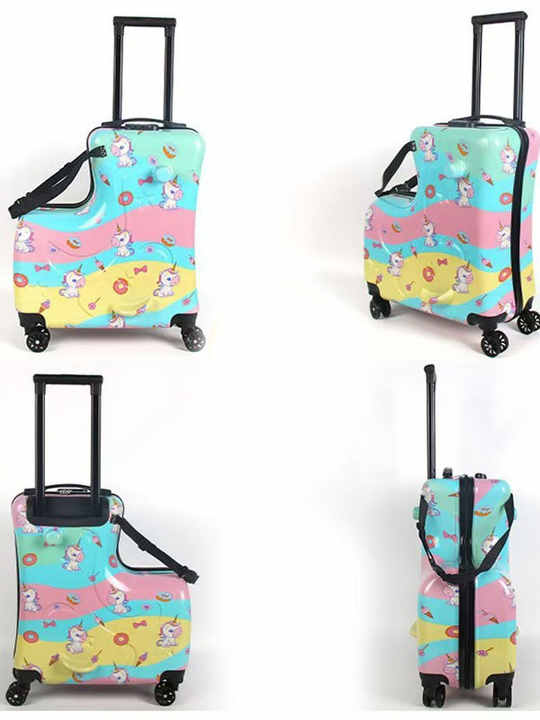 Colorful Kids Ride-On Luggage – 20-Inch Cartoon Travel Suitcase with Footrest, Durable Rolling Carry-On for Children