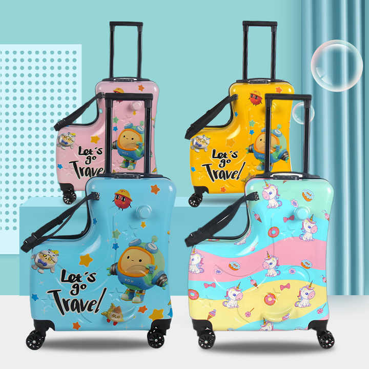 Colorful Kids Ride-On Luggage – 20-Inch Cartoon Travel Suitcase with Footrest, Durable Rolling Carry-On for Children