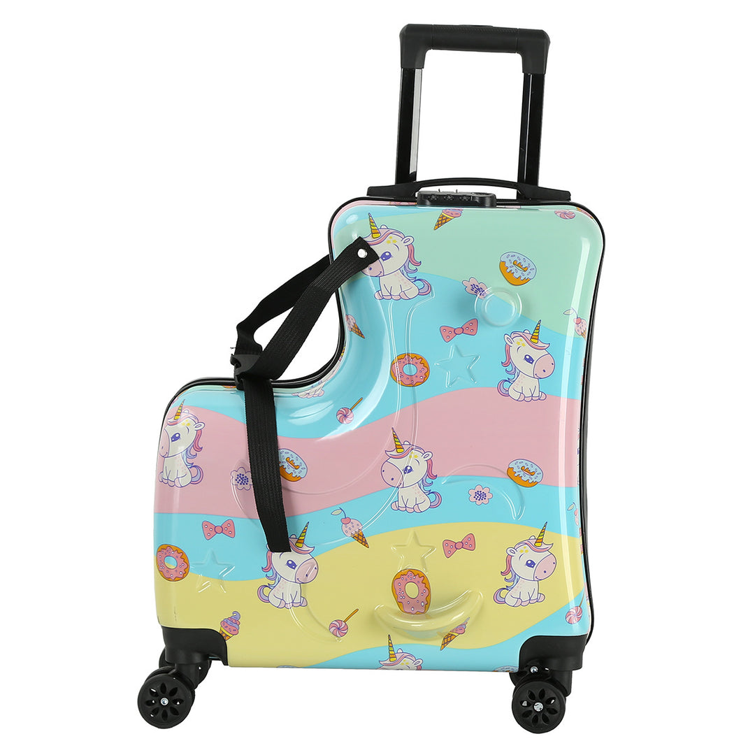 Colorful Kids Ride-On Luggage – 20-Inch Cartoon Travel Suitcase with Footrest, Durable Rolling Carry-On for Children