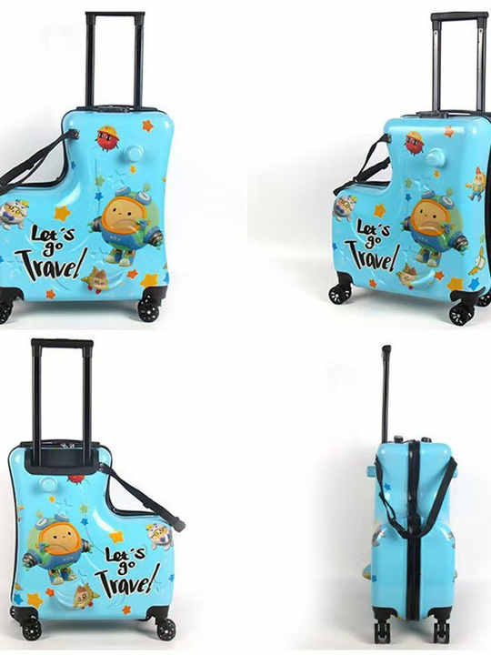 Blue Kids Ride-On Luggage - 20-Inch Cartoon Travel Suitcase with Footrest, Durable Rolling Carry-On for Children