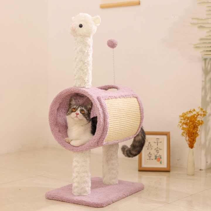 Purple Llama-Themed Cat Tree with Tunnel – Multi-Functional Cat Scratching Post and Playhouse