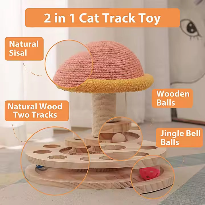 Large Pink Interactive Cat Scratching Post with Ball Track – Fun Mushroom-Shaped Cat Toy for Play, Scratching, and Entertainment