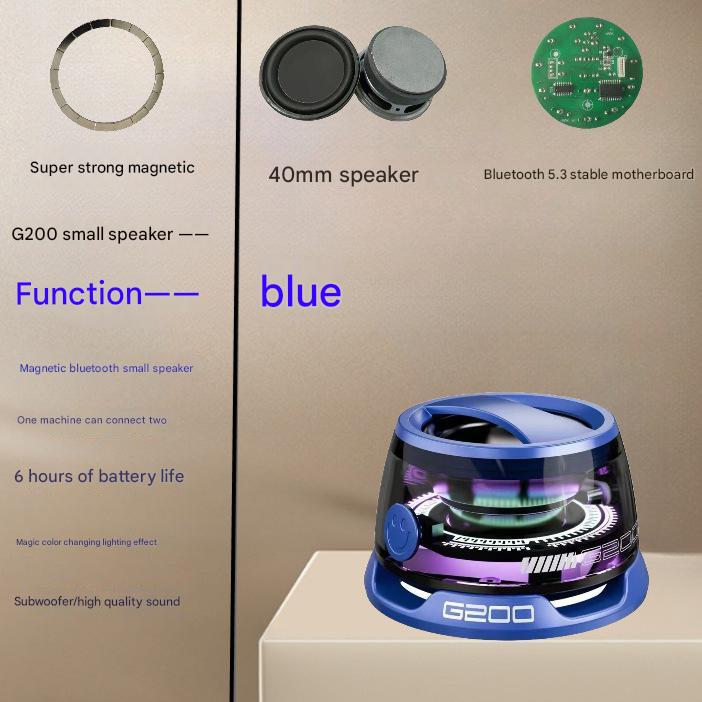 Blue Portable Mini Bluetooth Speaker with Magnetic Base, High-Quality Bass and Surround Sound, Colorful Ambient Lighting, USB Rechargeable, 6-Hour Battery Life