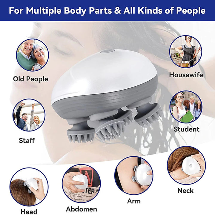 Silver Mini Electric Head Massager - Portable 3D Massage Device, Waterproof, Multifunctional Relaxation & Pet Care, Rechargeable, 6 Techniques & 3 Modes, Compact Design