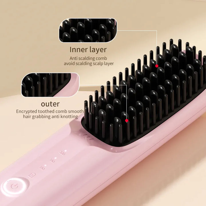 Black Wireless Hair Straightening Brush - Portable 2-in-1 Styling Tool with USB Charging, Ceramic Heat Technology, and Compact Design