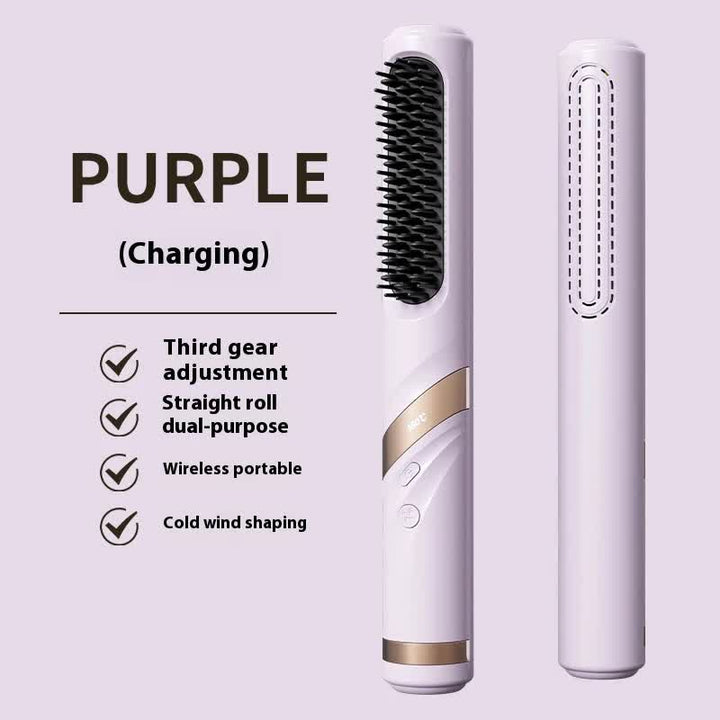 Purple Portable USB Rechargeable Cold Wind Ionic Hair Straightening Brush, Multi-Functional Hair Straightener and Curler, Lightweight and Travel-Friendly