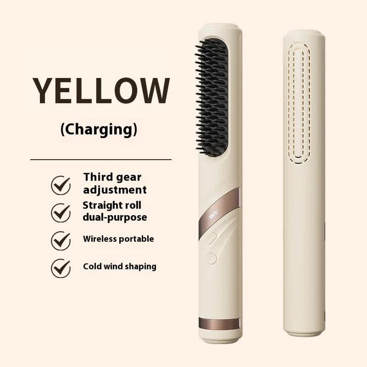 Yellow Portable USB Rechargeable Cold Wind Ionic Hair Straightening Brush, Multi-Functional Hair Straightener and Curler, Lightweight and Travel-Friendly