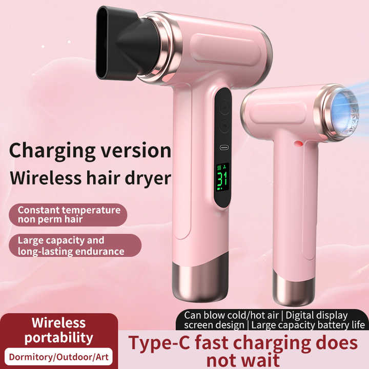 Pink wireless Hair Dryer with Cold & Hot Air, Portable Large-Capacity Rechargeable Ionic Dryer, Fast-Drying, Lightweight and Compact for Home and Travel